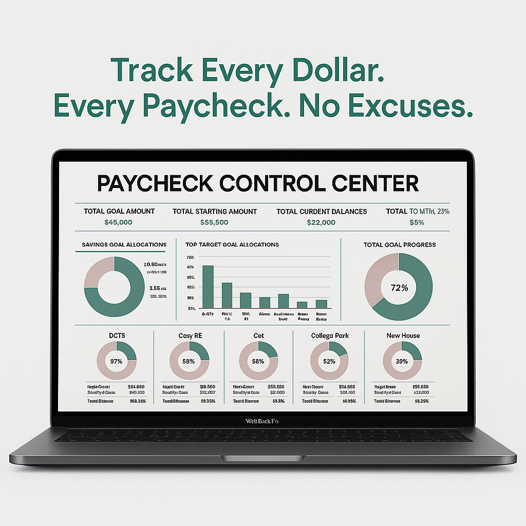 Laptop displaying Paycheck Control Center software with graphs and statistics on a white background.