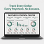 Laptop displaying Paycheck Control Center software with graphs and statistics on a white background.